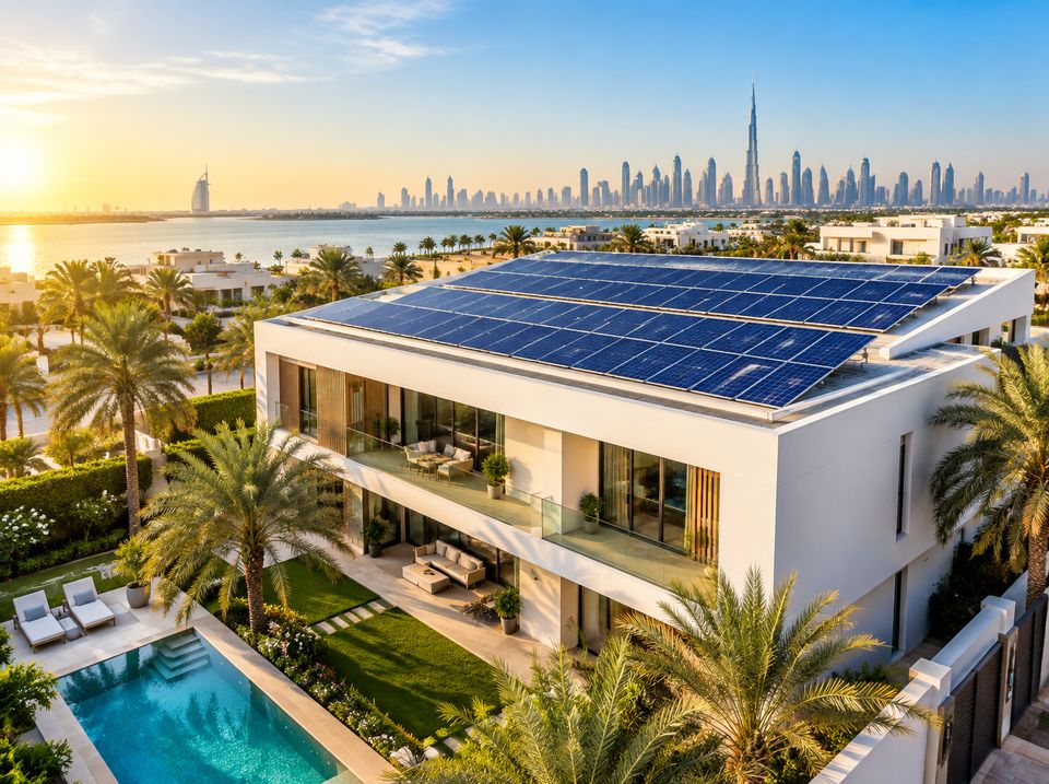 Modern Dubai villa with rooftop solar panels, palm trees and a pool at sunset